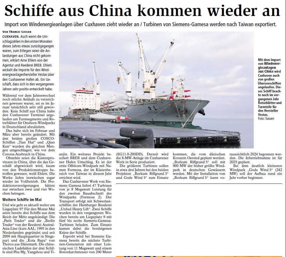 Cuxhavener Nachrichten, Dienstag 07.04.2020: Schiffe aus China kommen wieder an